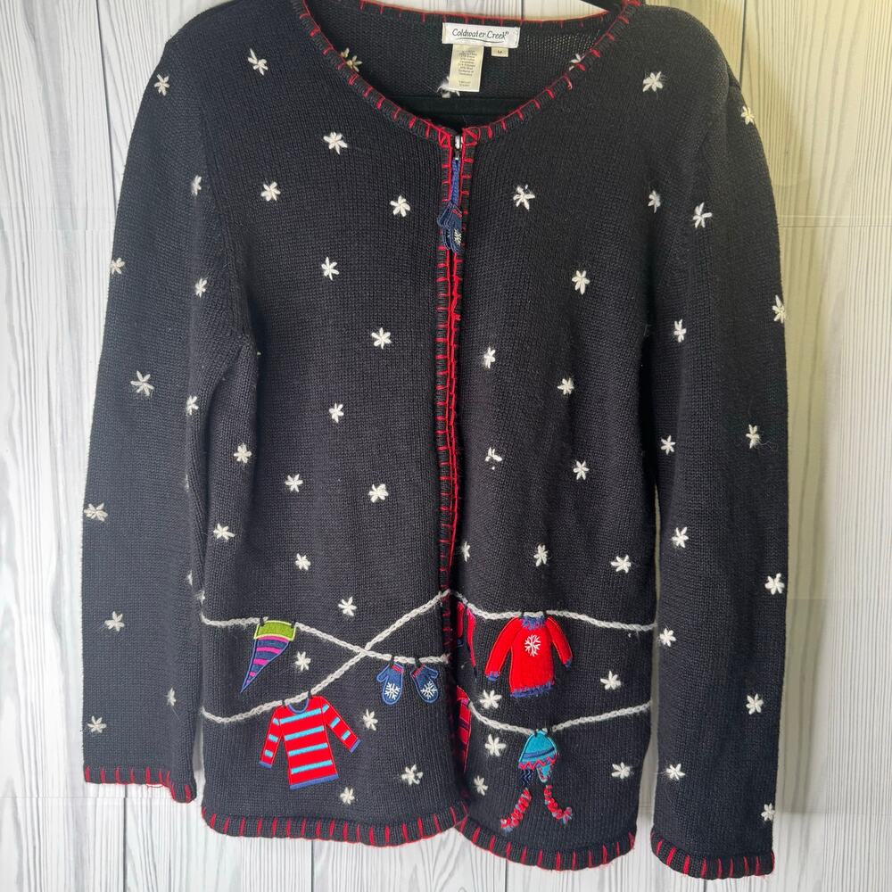 VTG Coldwater Creek clothesline Christmas Holiday Sweater Cardigan Mittens Sz M